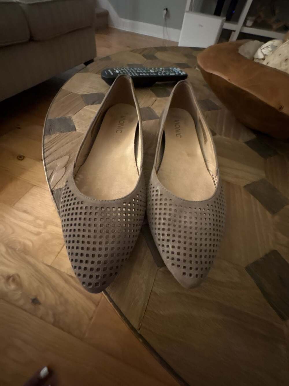 Vionic Posey Perforated Suede Pointed Toe Flats Taupe Size 8